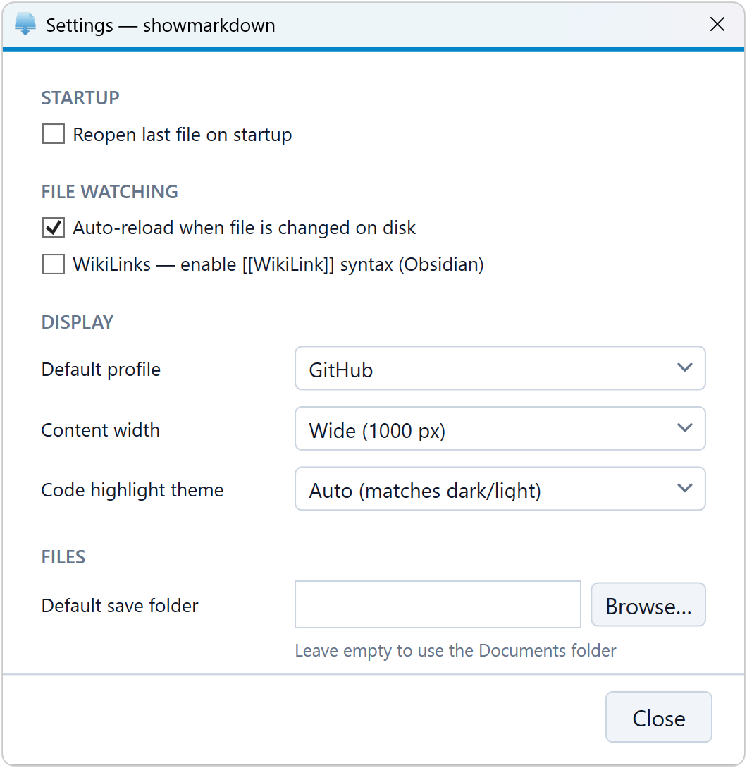 ShowMarkdown settings dialog — startup, file watching, display, and file options